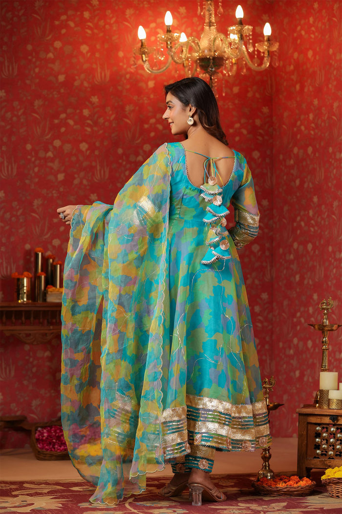 <img> Cerulean Blue Organza Printed Anarkali Set