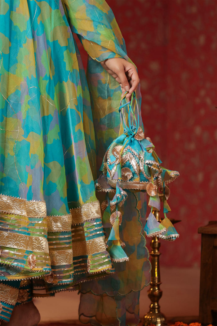 <img> Cerulean Blue Organza Printed Anarkali Set