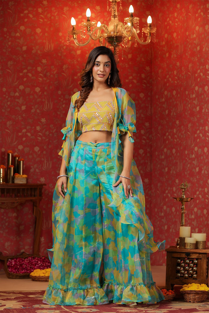 Cerulean Blue Organza Printed Indo-Western Co-Ord Set
