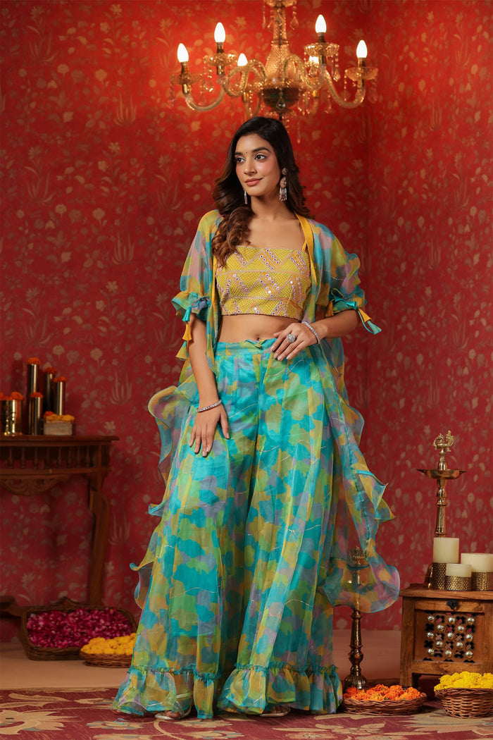 Cerulean Blue Organza Printed Indo-Western Co-Ord Set