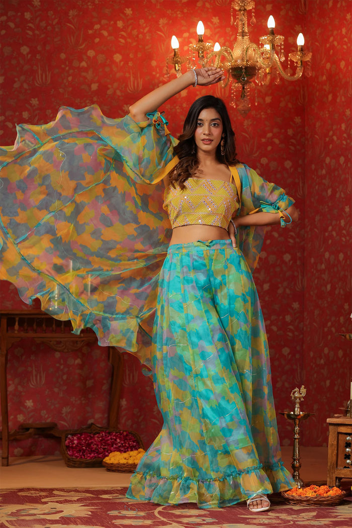 Cerulean Blue Organza Printed Indo-Western Co-Ord Set