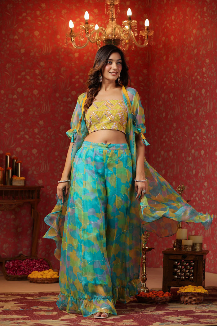 Cerulean Blue Organza Printed Indo-Western Co-Ord Set