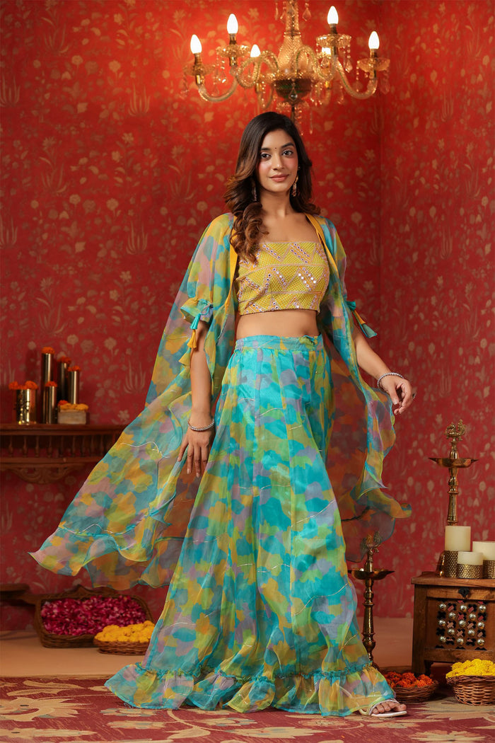 Cerulean Blue Organza Printed Indo-Western Co-Ord Set