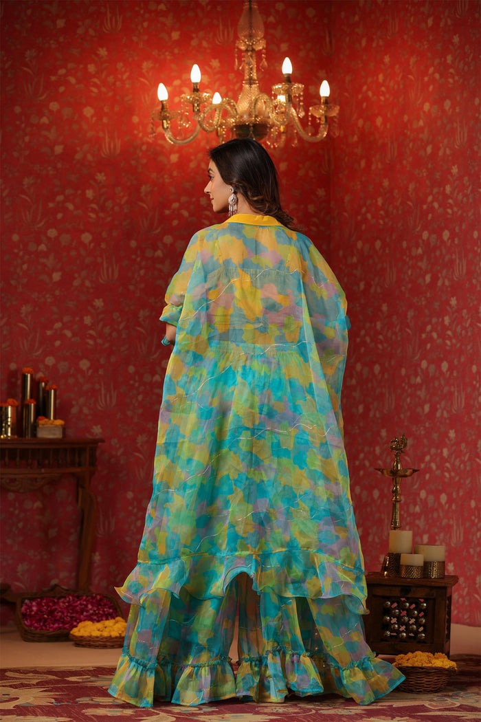 Cerulean Blue Organza Printed Indo-Western Co-Ord Set