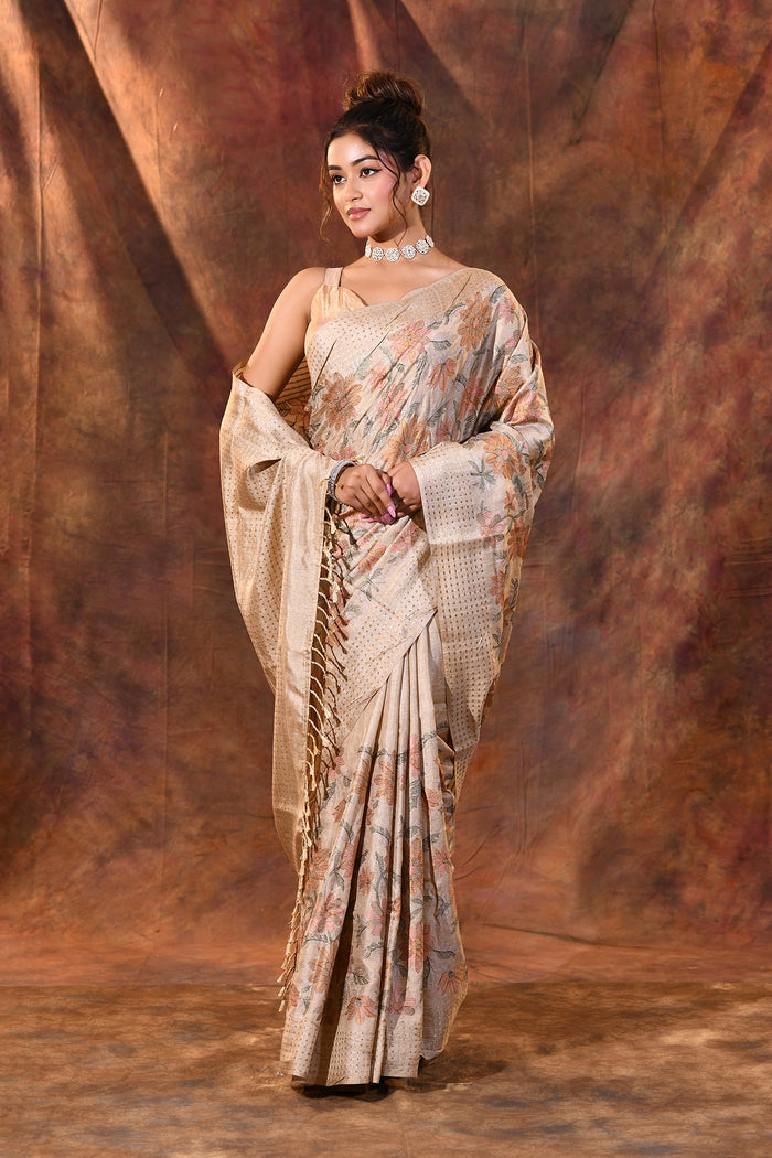 Champagne Beige Embroidered Silk Blend Saree