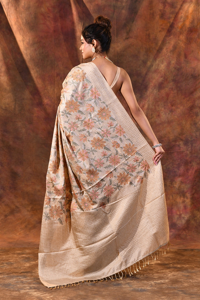 Champagne Beige Embroidered Silk Blend Saree