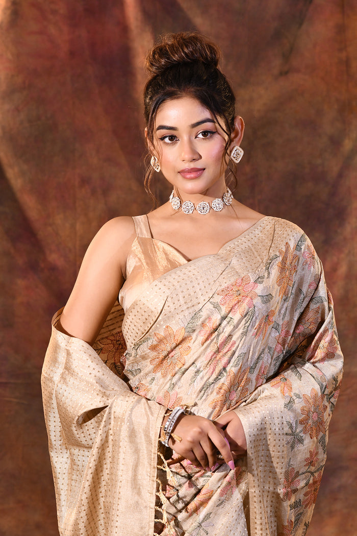 Champagne Beige Embroidered Silk Blend Saree