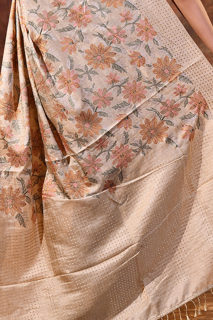 Champagne Beige Embroidered Silk Blend Saree