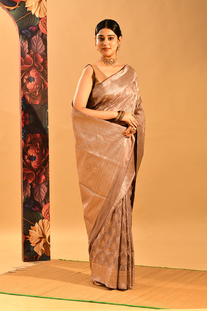 Champagne Beige Floral Tissue Banarasi Saree