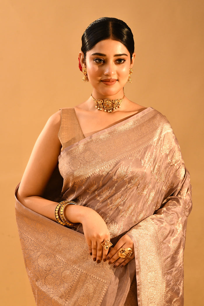Champagne Beige Floral Tissue Banarasi Saree