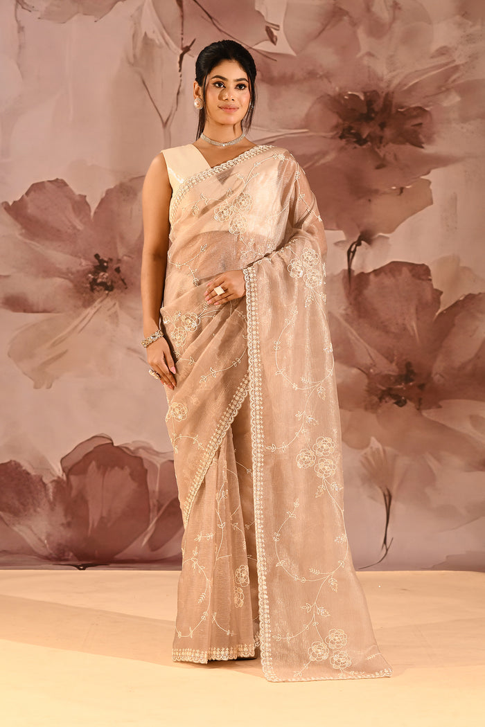 Champagne Bloom Floral Jaal Tissue Embrodiery Saree