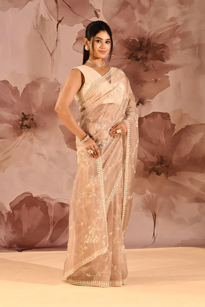 Champagne Bloom Floral Jaal Tissue Embrodiery Saree