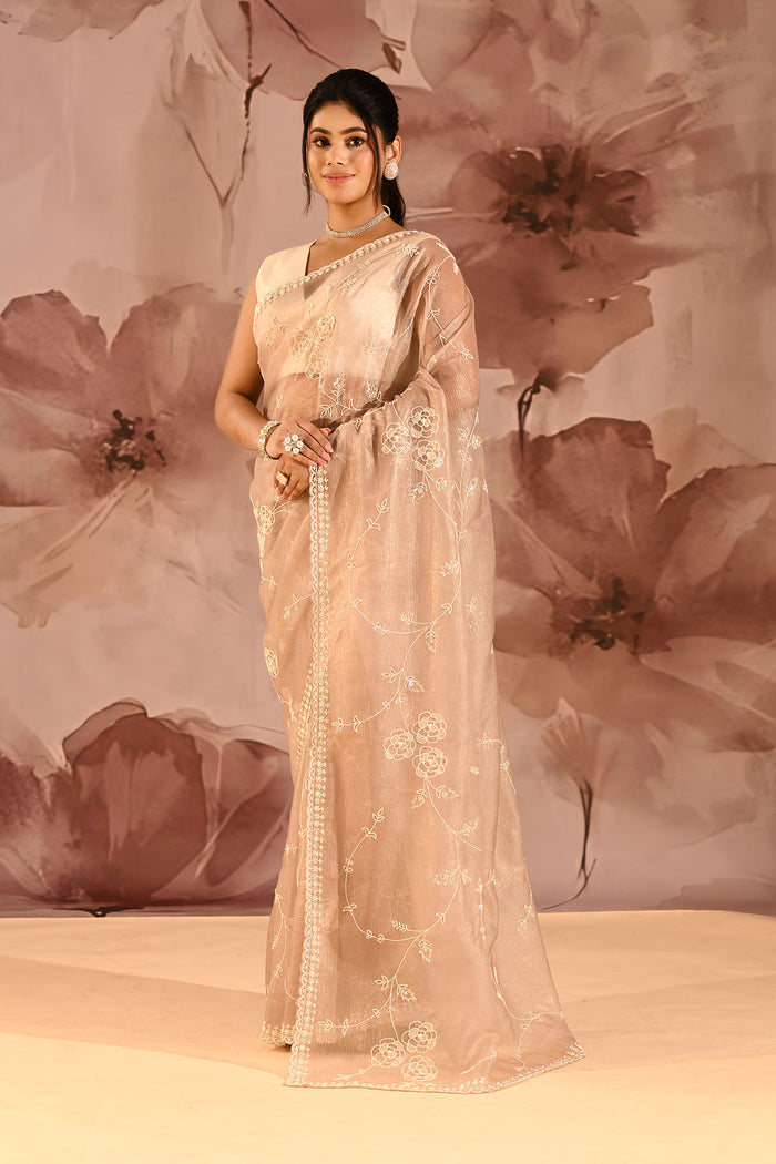 Champagne Bloom Floral Jaal Tissue Embrodiery Saree
