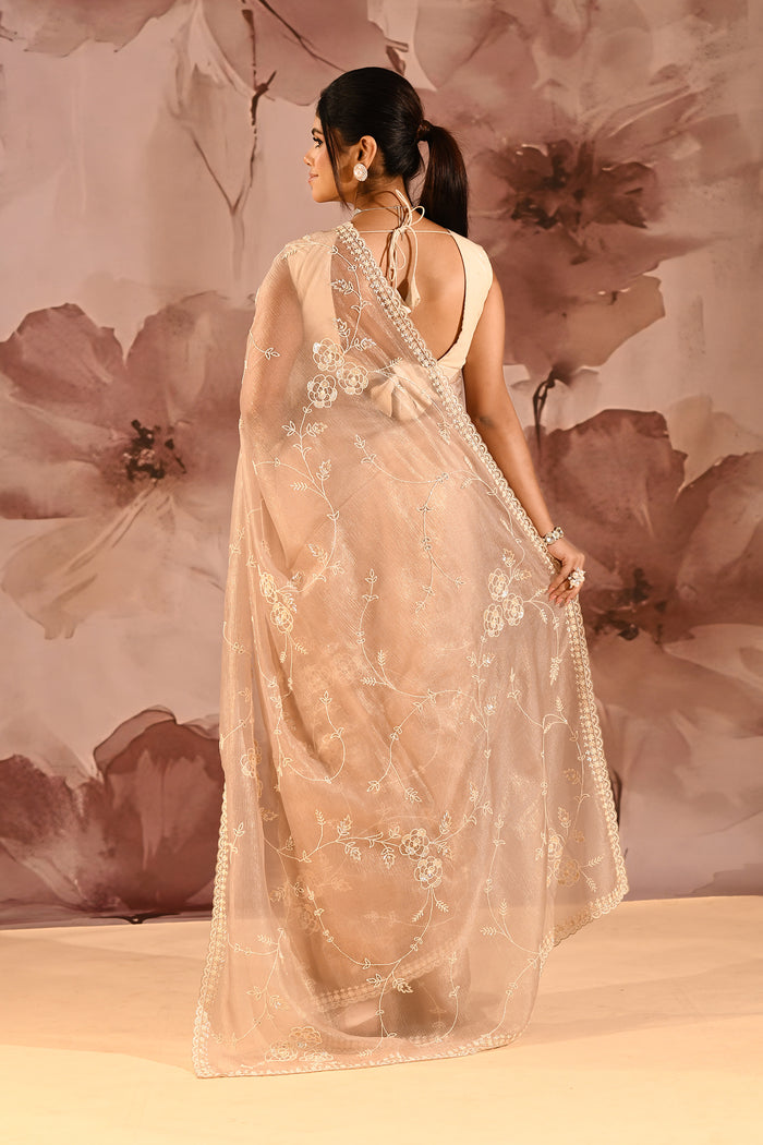 Champagne Bloom Floral Jaal Tissue Embrodiery Saree