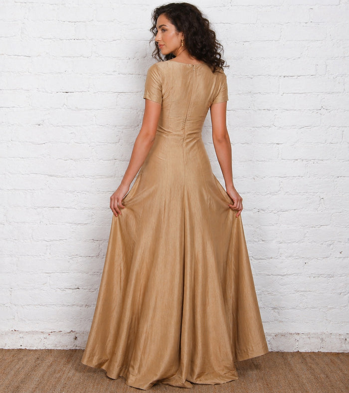 Champagne Gold Gown With Clean Fit-And-Flare Silhouette