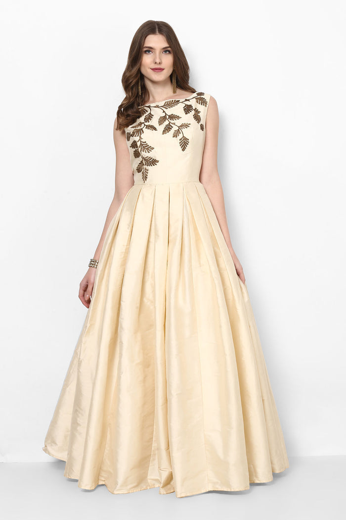 Champagne Gold Satin Gown With Sheer Bodice And Leaf Embroidery