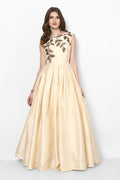 Champagne Gold Satin Gown With Sheer Bodice And Leaf Embroidery