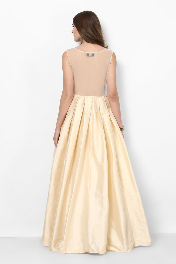 Champagne Gold Satin Gown With Sheer Bodice And Leaf Embroidery
