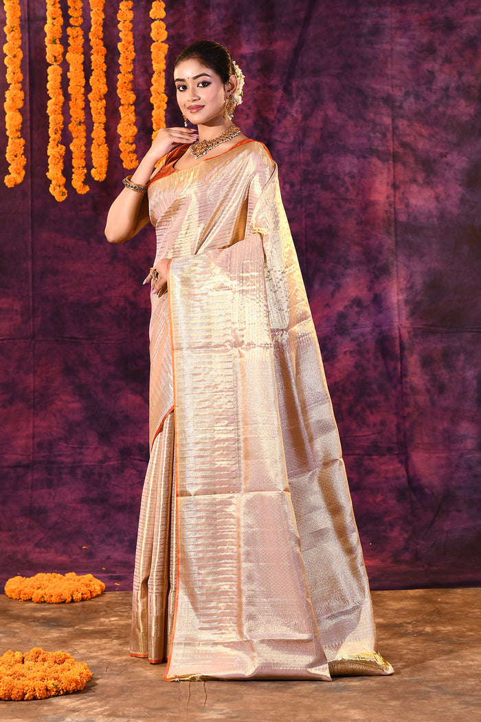 Champagne Gold With Striped Zari Weave Kanjivaram Tissue Saree