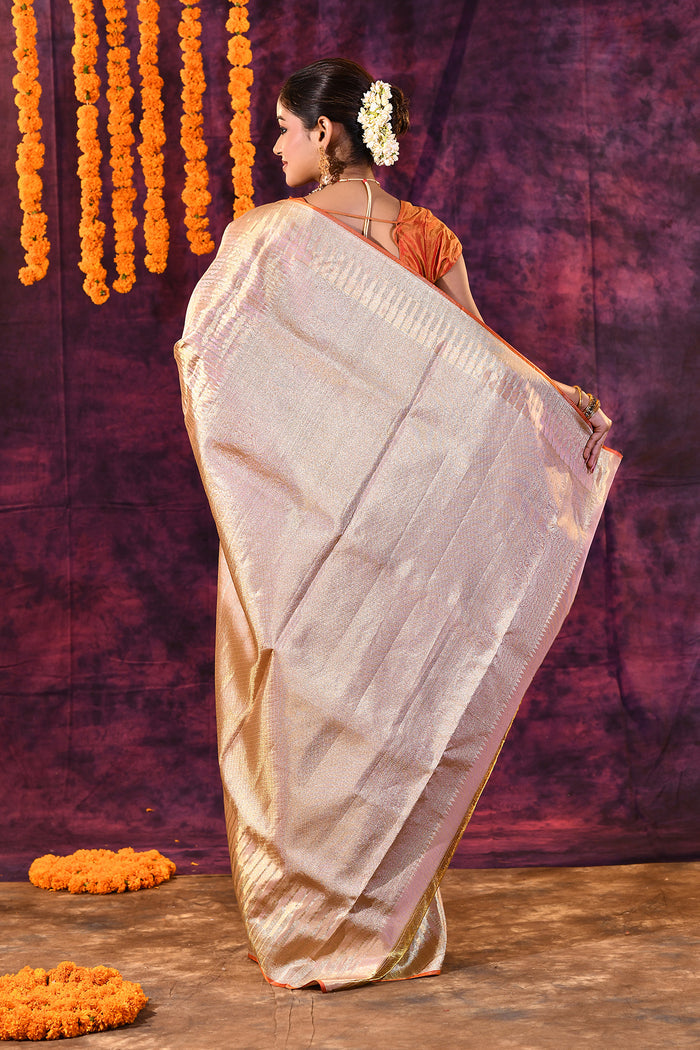 Champagne Gold With Striped Zari Weave Kanjivaram Tissue Saree
