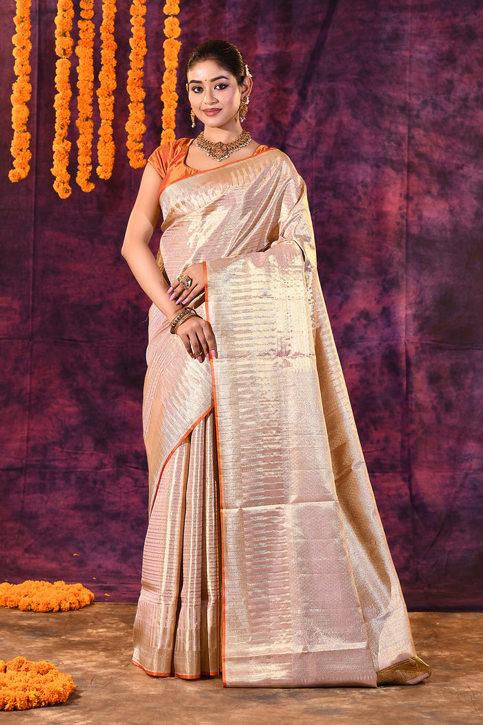 Champagne Gold With Striped Zari Weave Kanjivaram Tissue Saree