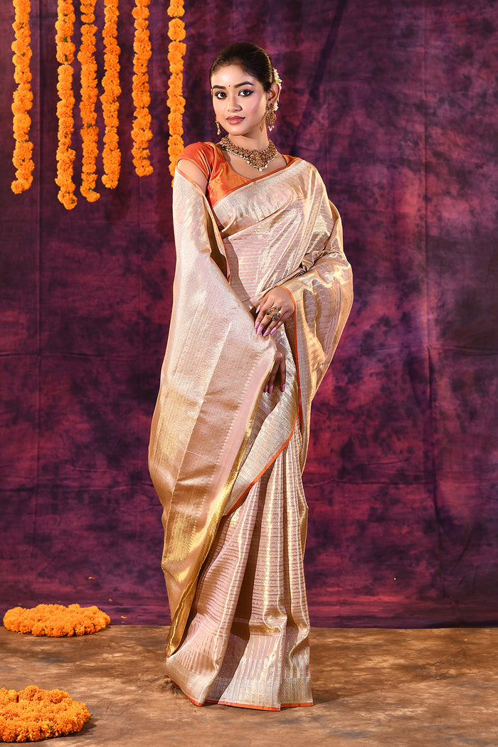 Champagne Gold With Striped Zari Weave Kanjivaram Tissue Saree