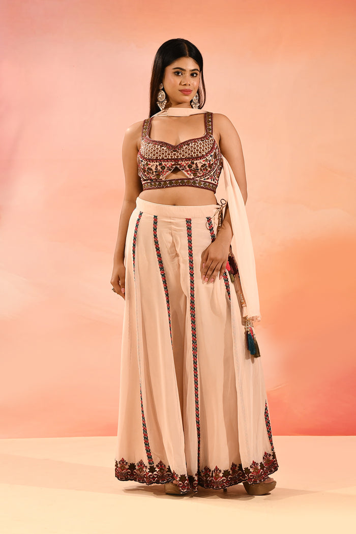 Champagne Peach Floral Print Organza Choli Set