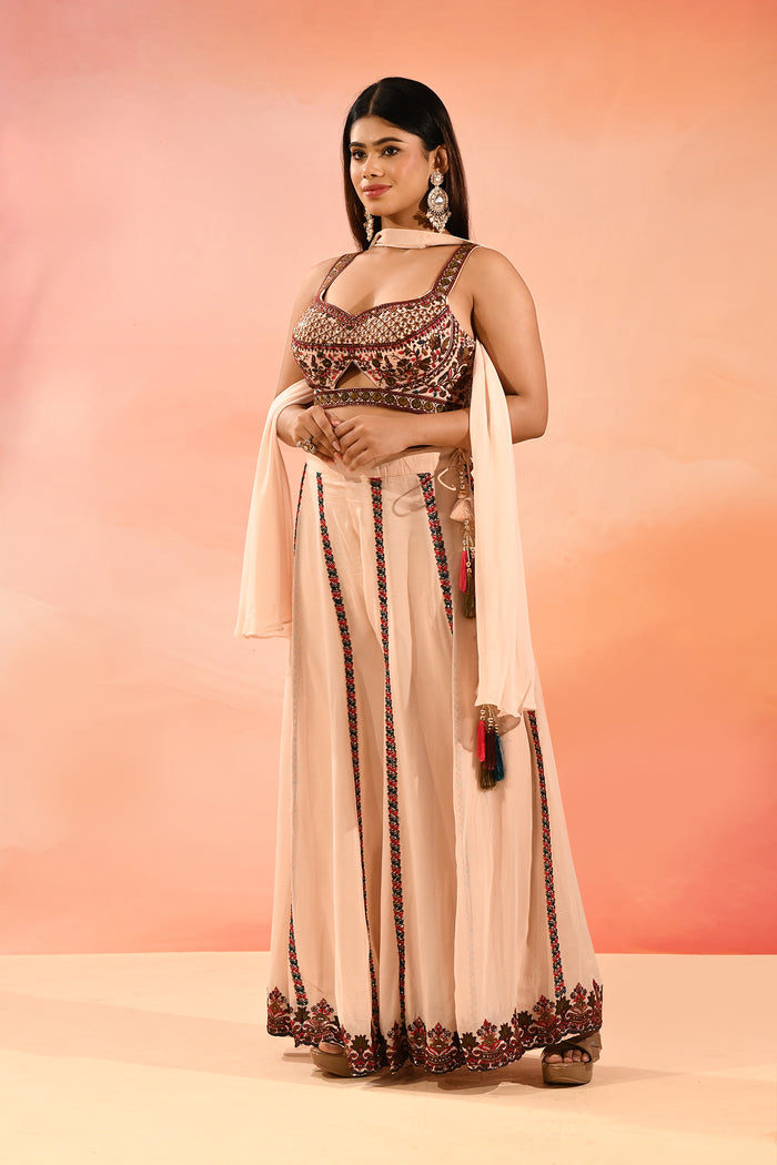 Champagne Peach Floral Print Organza Choli Set