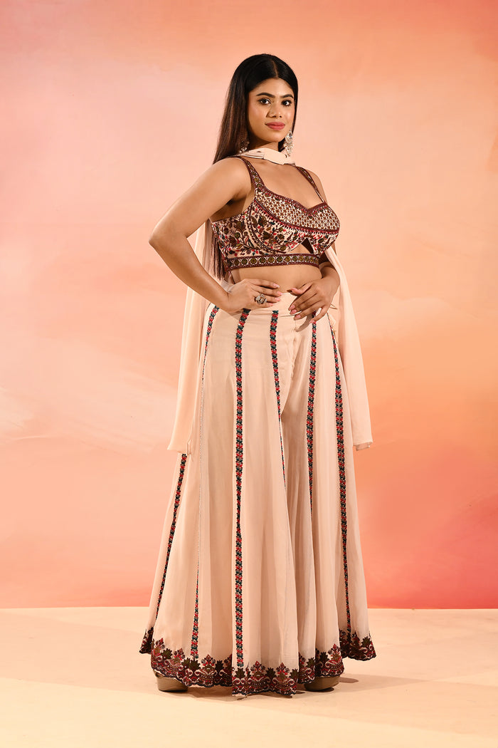 Champagne Peach Floral Print Organza Choli Set