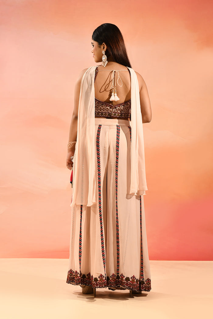 Champagne Peach Floral Print Organza Choli Set
