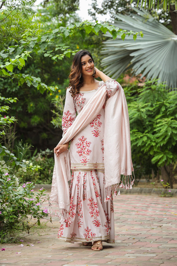 Champagne White Cotton Floral Printed Sharara Set