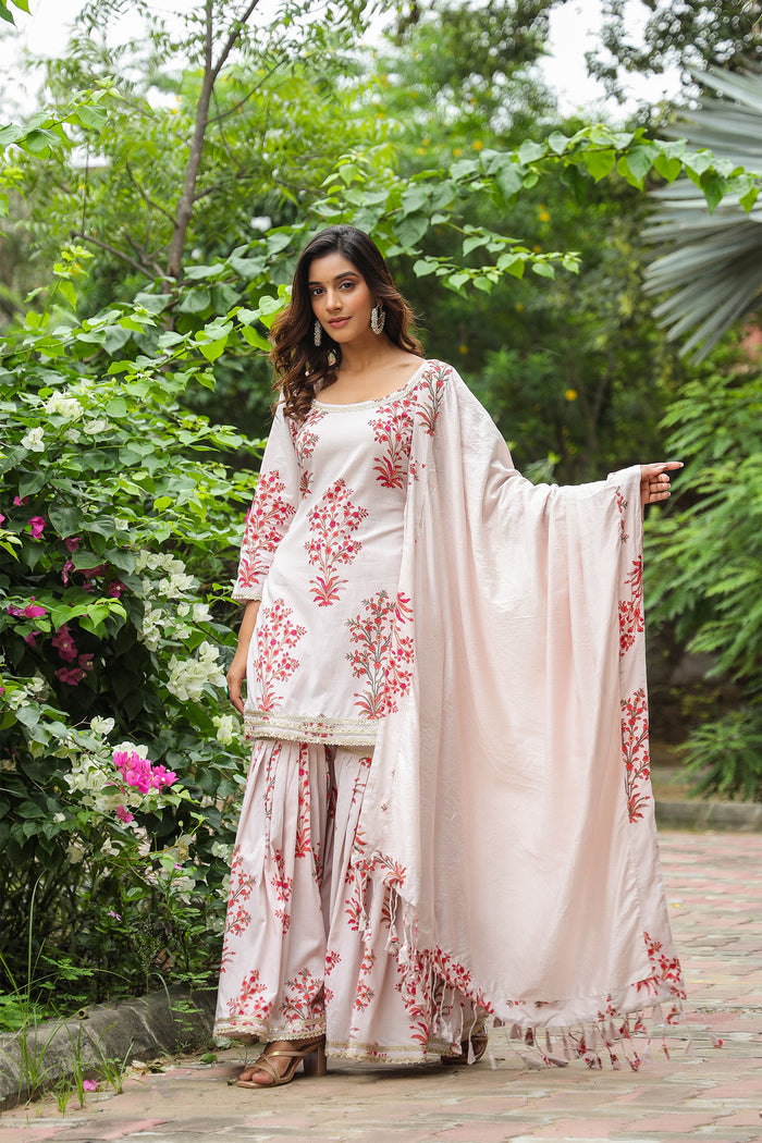 Champagne White Cotton Floral Printed Sharara Set