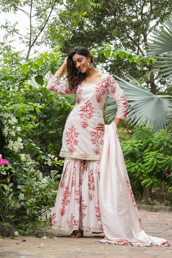 Champagne White Cotton Floral Printed Sharara Set