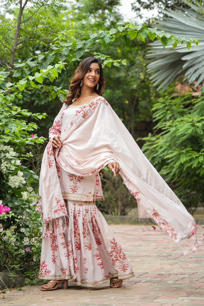 Champagne White Cotton Floral Printed Sharara Set