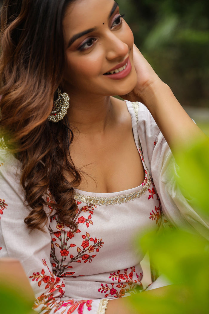 Champagne White Cotton Floral Printed Sharara Set