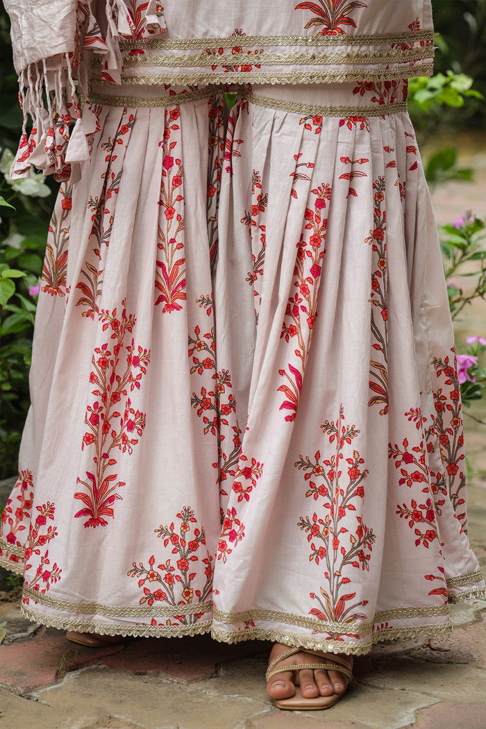 Champagne White Cotton Floral Printed Sharara Set
