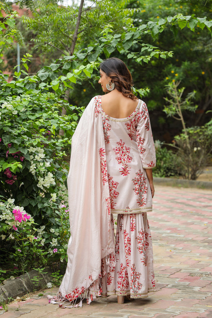 Champagne White Cotton Floral Printed Sharara Set