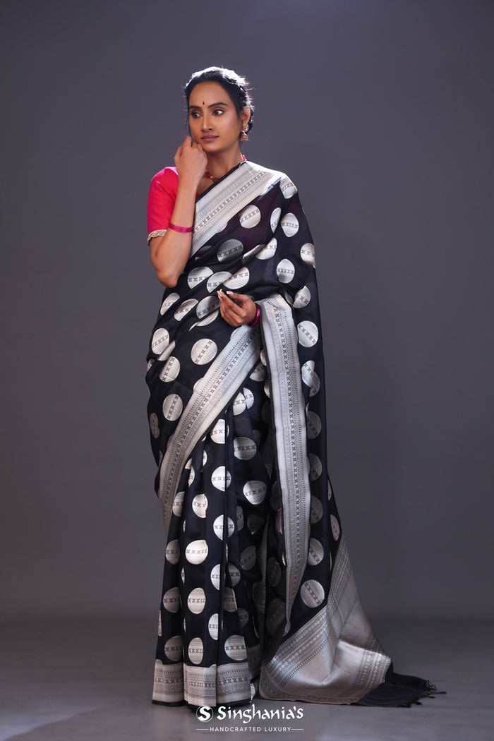 <img> Charcoal Black Butta Banarasi Silk Saree