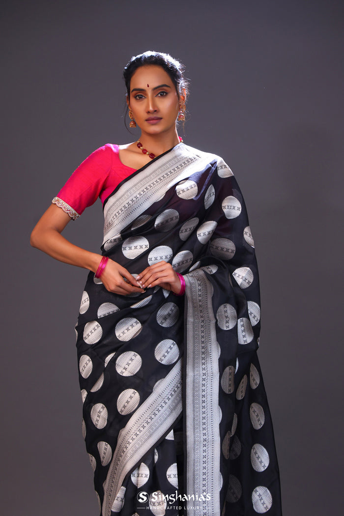 <img> Charcoal Black Butta Banarasi Silk Saree