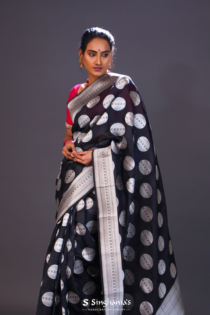 <img> Charcoal Black Butta Banarasi Silk Saree