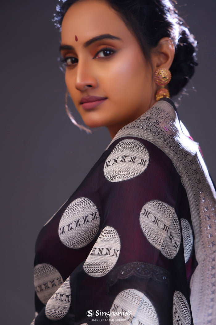 <img> Charcoal Black Butta Banarasi Silk Saree