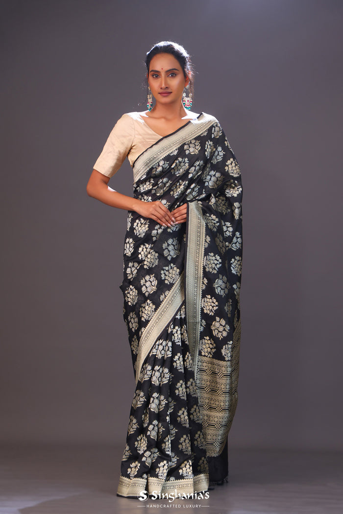 <img> Charcoal Black Floral Banarasi Silk Saree