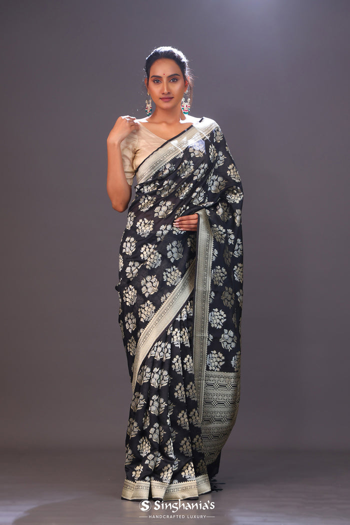 <img> Charcoal Black Floral Banarasi Silk Saree