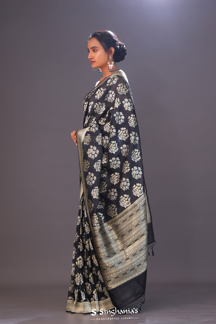 <img> Charcoal Black Floral Banarasi Silk Saree