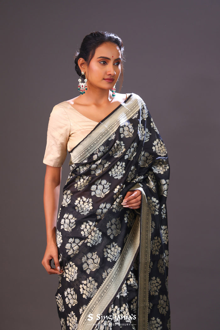 <img> Charcoal Black Floral Banarasi Silk Saree