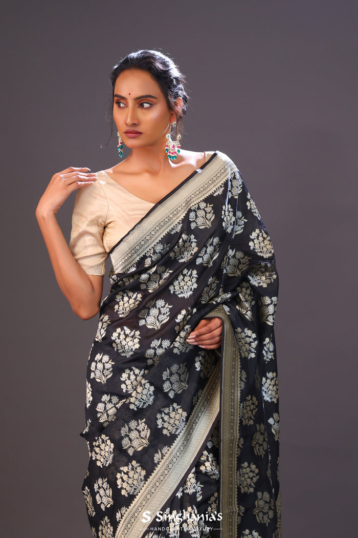 <img> Charcoal Black Floral Banarasi Silk Saree