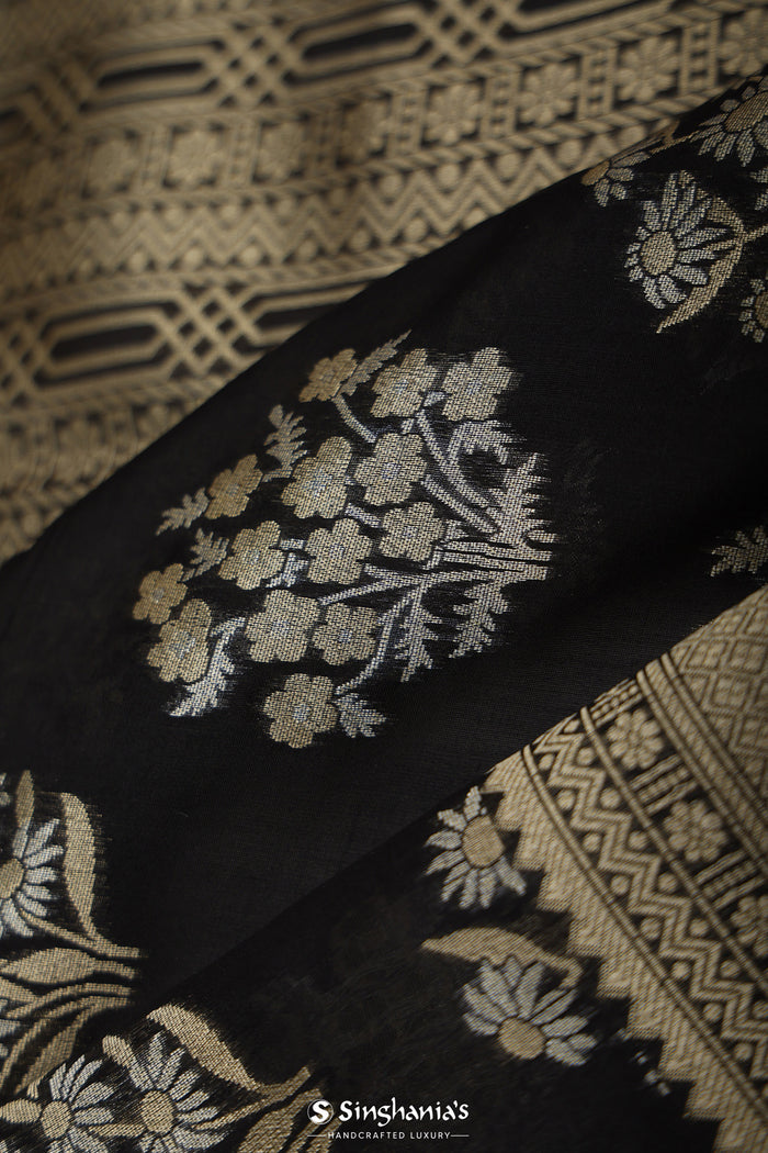 <img> Charcoal Black Floral Banarasi Silk Saree
