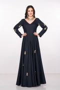 Charcoal Black Full Sleeve Gown With Scattered Motif Embroidery And Deep V Back