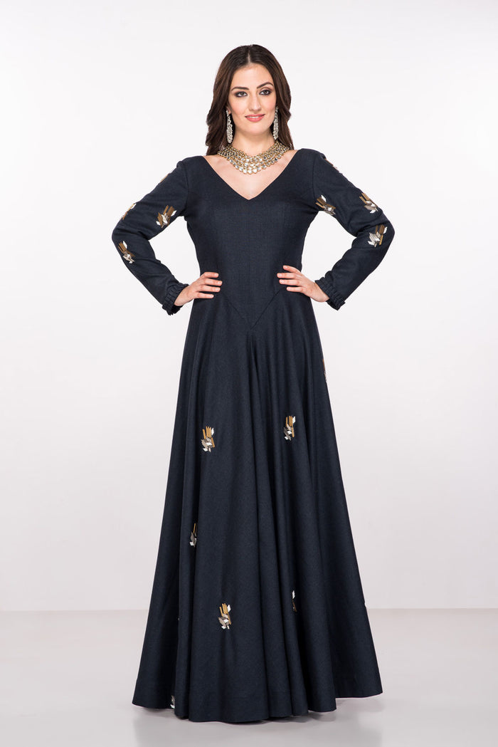 Charcoal Black Full Sleeve Gown With Scattered Motif Embroidery And Deep V Back