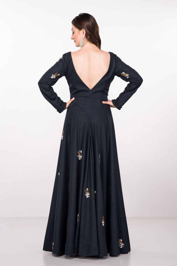 Charcoal Black Full Sleeve Gown With Scattered Motif Embroidery And Deep V Back